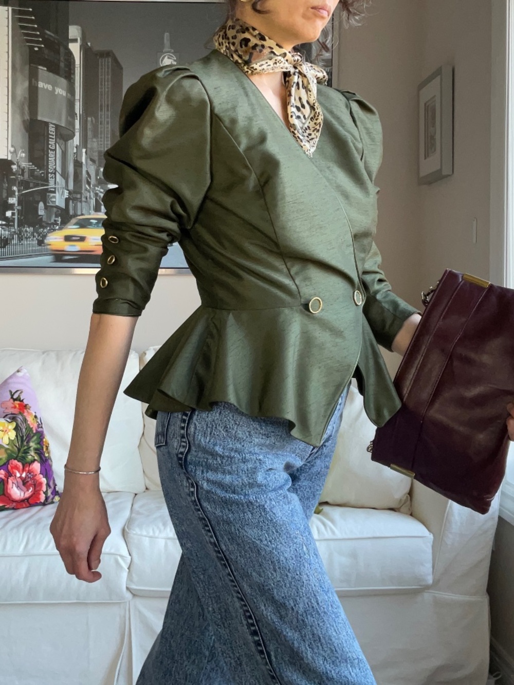 Olive green puff shoulder peplum blazer